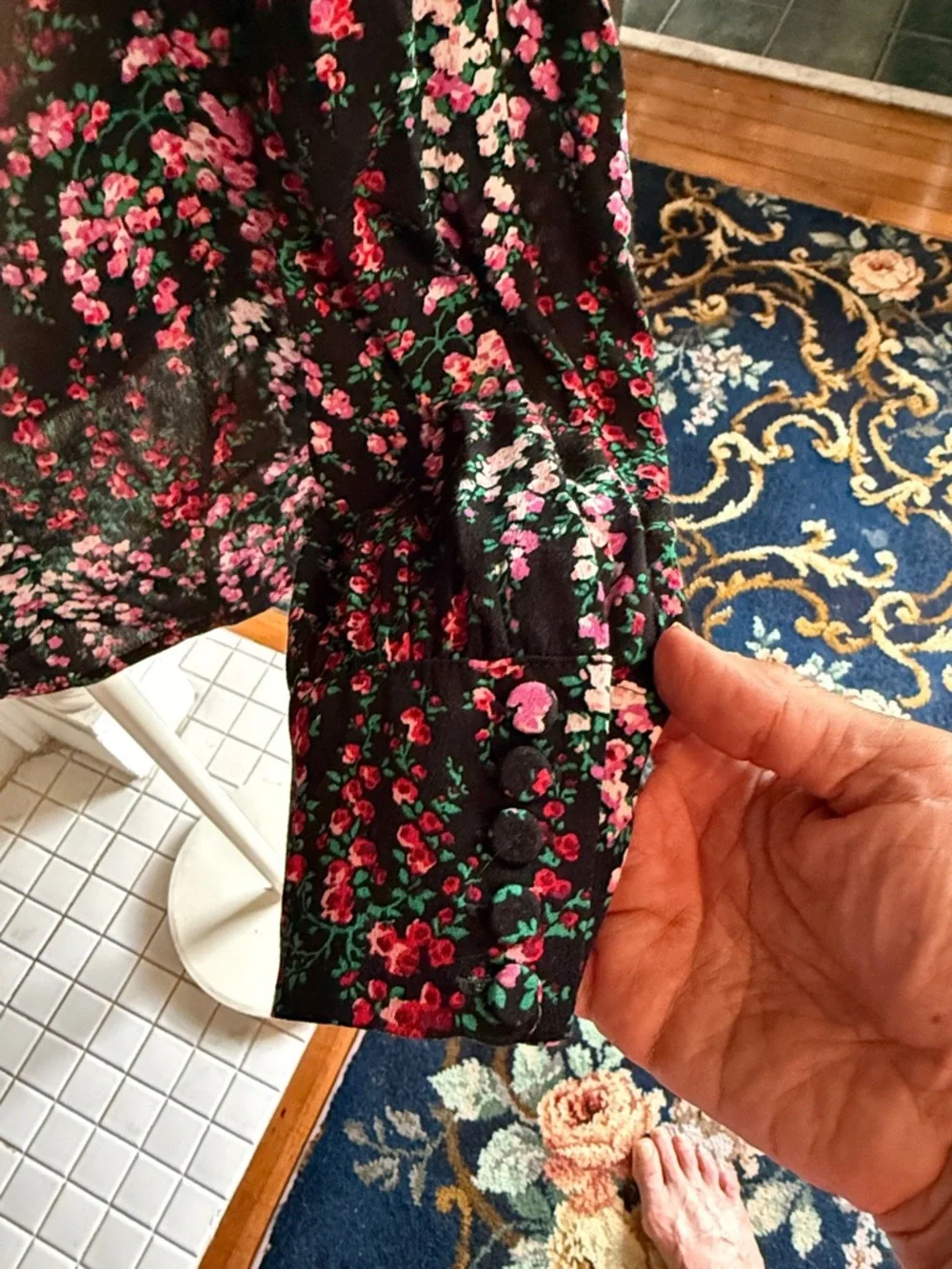 J. Crew Black Blouse with Pink and White Floral Print- worn‎ once